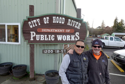 Jerry Hudson (right) with his crew partner, Manny Garcia, in front of the City’s Public Works building.
